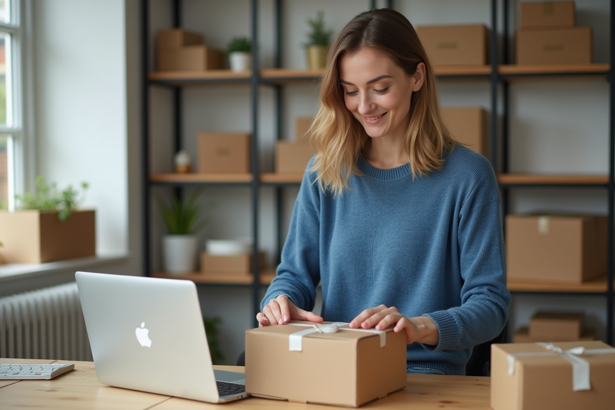 Femme emballant un colis dans un espace organisé à la maison