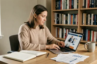Femme entrepreneur parcourant un abonnement magazine en ligne sur son ordinateur portable dans un bureau à domicile moderne
