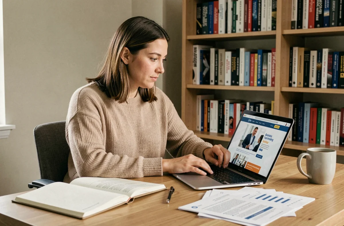 Femme entrepreneur parcourant un abonnement magazine en ligne sur son ordinateur portable dans un bureau à domicile moderne