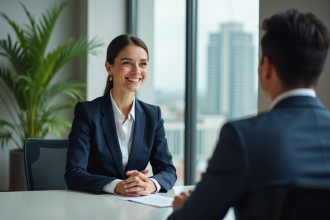 Femme confiante en entretien d'embauche dans un bureau moderne
