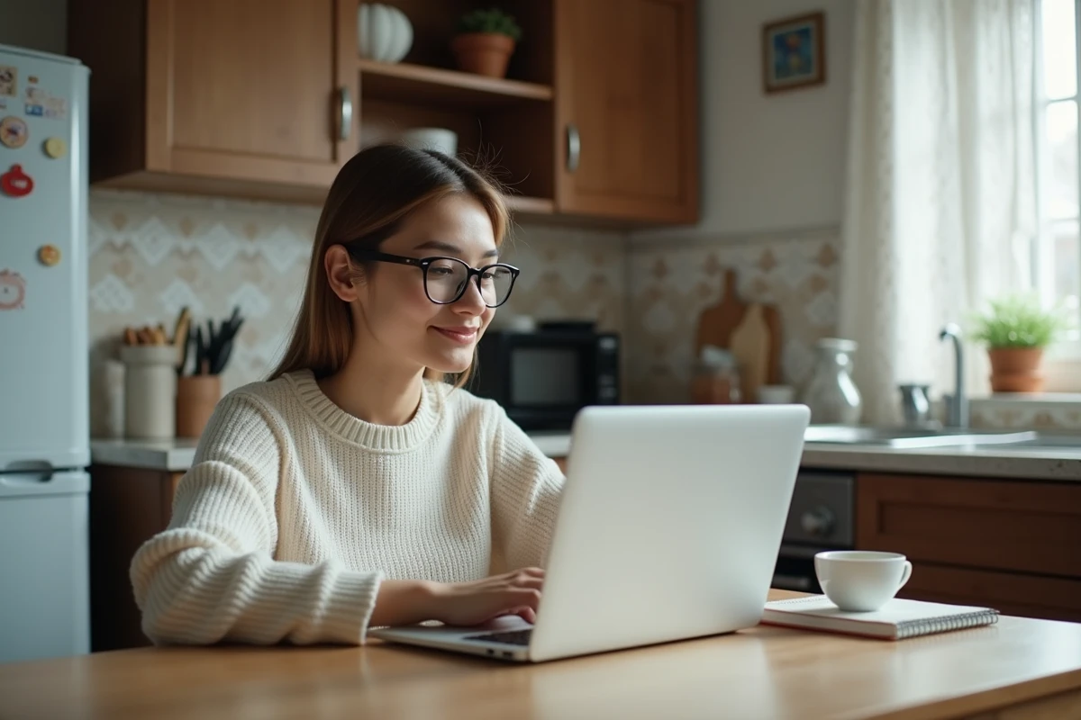 Femme étudiante discutant en ligne dans sa cuisine chaleureuse