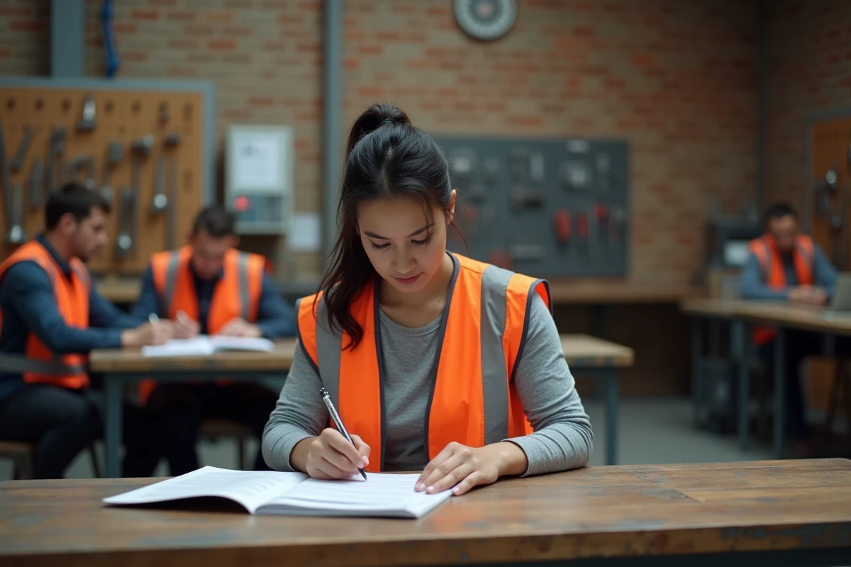 Femme en formation BTP dans un atelier professionnel, étudiante du bâtiment et travaux publics consultant un manuel technique