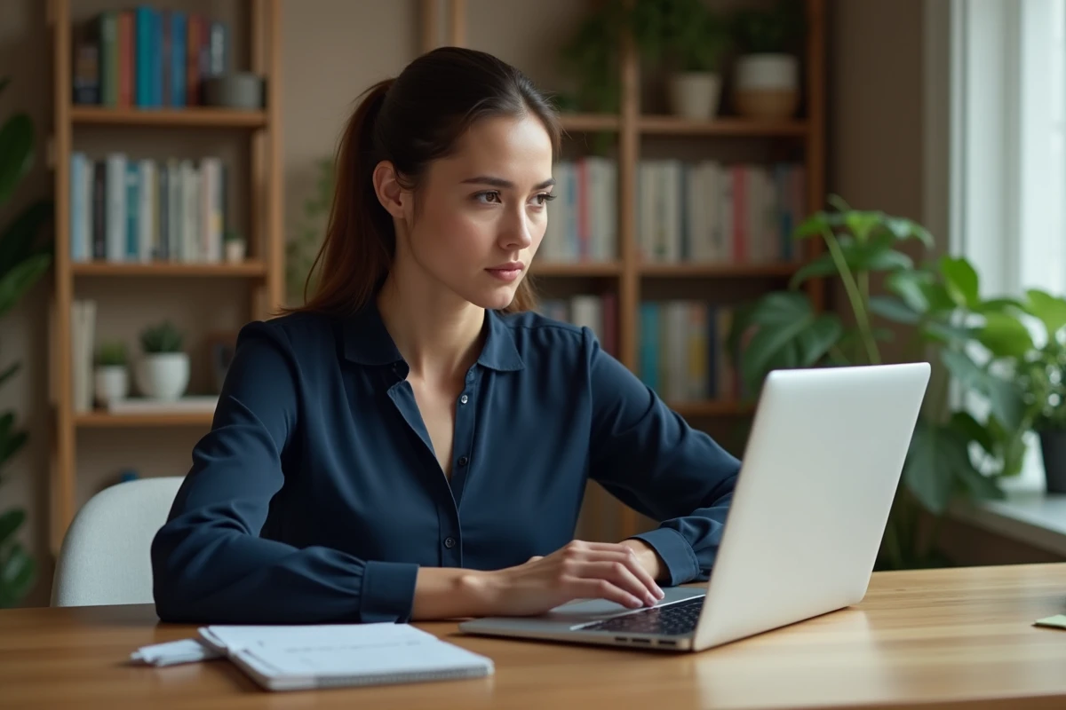 Femme en reconversion professionnelle suivant une formation en ligne sur ordinateur portable à son bureau à domicile