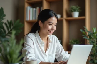 Femme consultant une plateforme de formation marketing en ligne sur son ordinateur portable dans un bureau à domicile