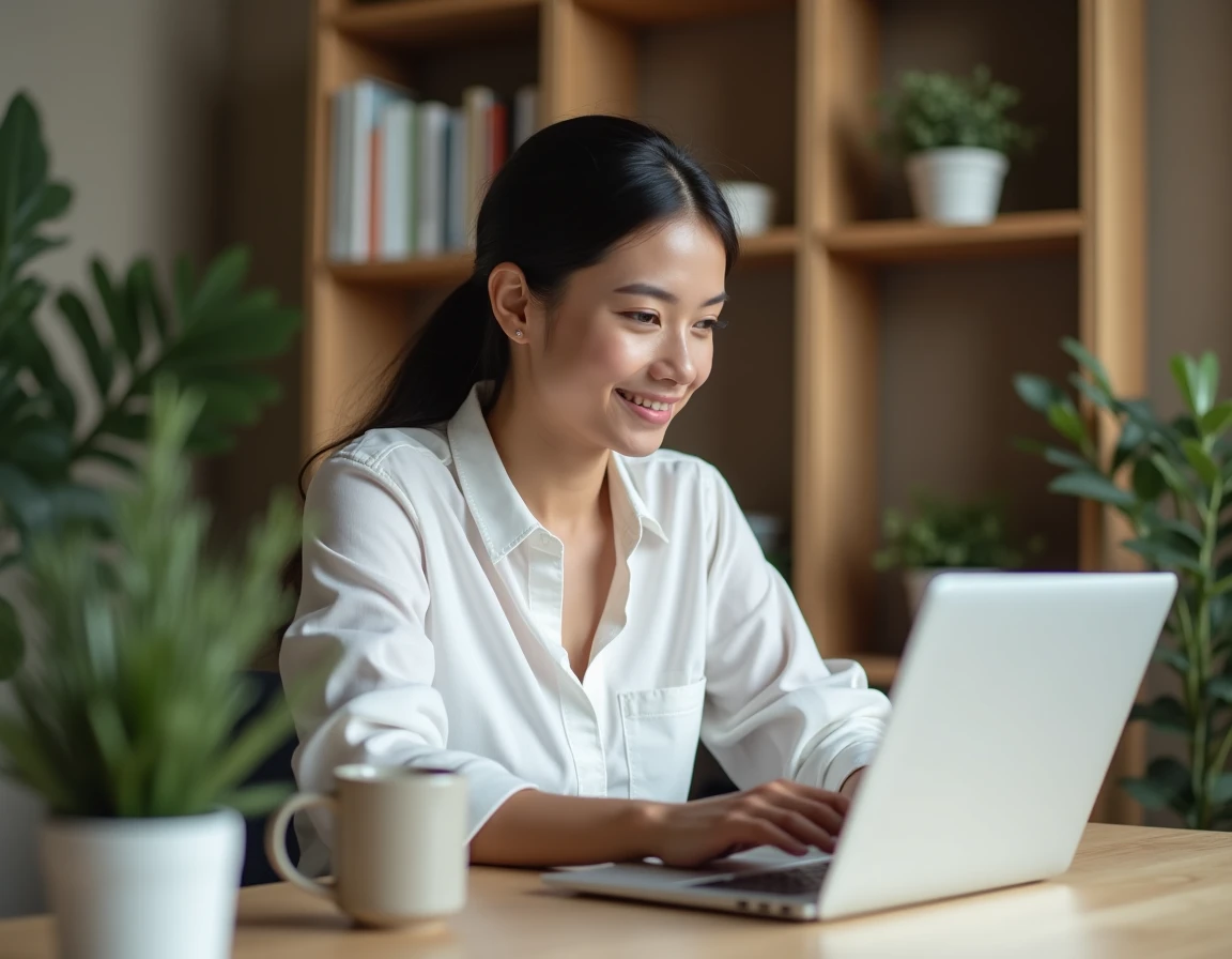 Femme consultant une plateforme de formation marketing en ligne sur son ordinateur portable dans un bureau à domicile