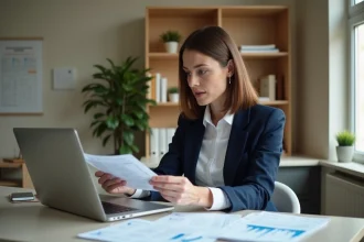 Femme professionnelle consultant les tarifs d'une formation en travaux sur ordinateur portable dans un bureau à domicile moderne