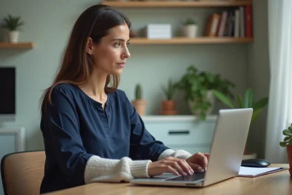Femme fran&ccedil;aise au bureau avec ordinateur portable et mailbox