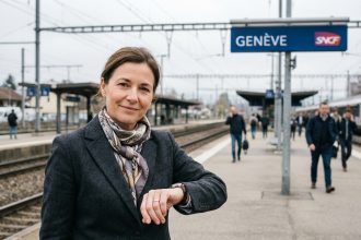 Femme française en blazer à la gare d'Annemasse vérifiant sa montre