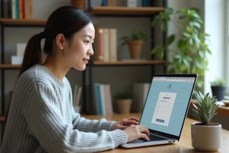 Femme consultant un formulaire d'inscription en ligne sur un ordinateur portable pour un concours Cyclade