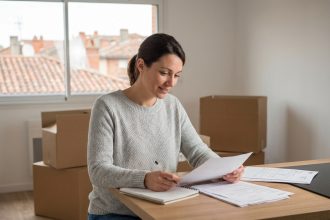 Femme lisant des documents dans une cuisine lumineuse à Montauban