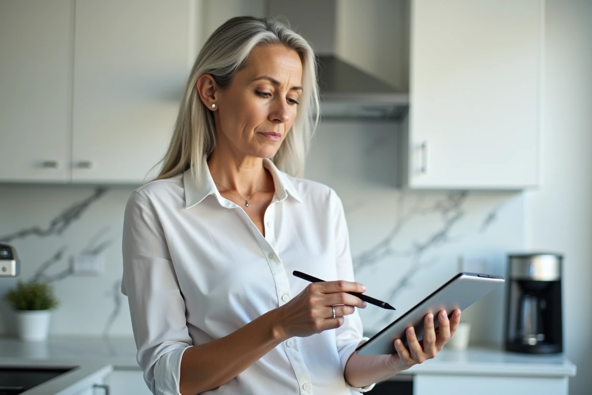 Femme d'âge mûr modifiant son inscription à un concours Cyclade sur une tablette depuis chez elle