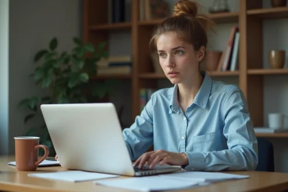 Jeune femme examinant une offre d'emploi suspecte sur papier devant son ordinateur portable à la maison, illustrant les arnaques à l'emploi sans diplôme