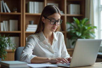 Jeune femme en ligne d'études dans un bureau organisé