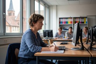 Femme concentrée devant un ordinateur dans une salle moderne