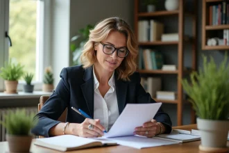 Femme d'affaires planifiant sa journée dans un bureau organisé