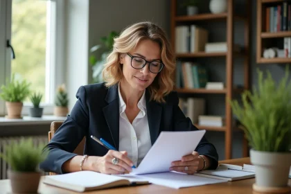 Femme d'affaires planifiant sa journée dans un bureau organisé