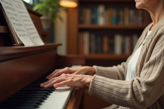 Femme d'âge mûr avec de petites mains apprenant le piano sur un piano droit en bois dans un salon chaleureux