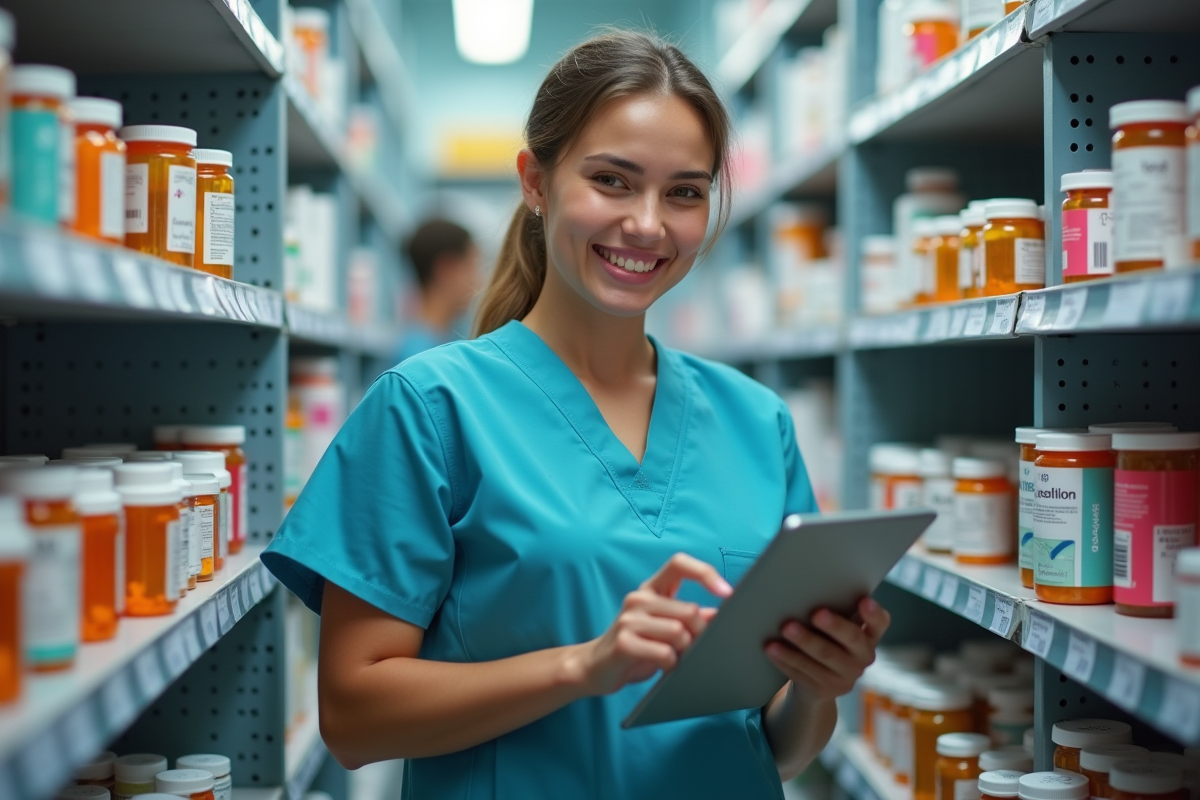 Jeune femme en blouse de pharmacie organisant des médicaments