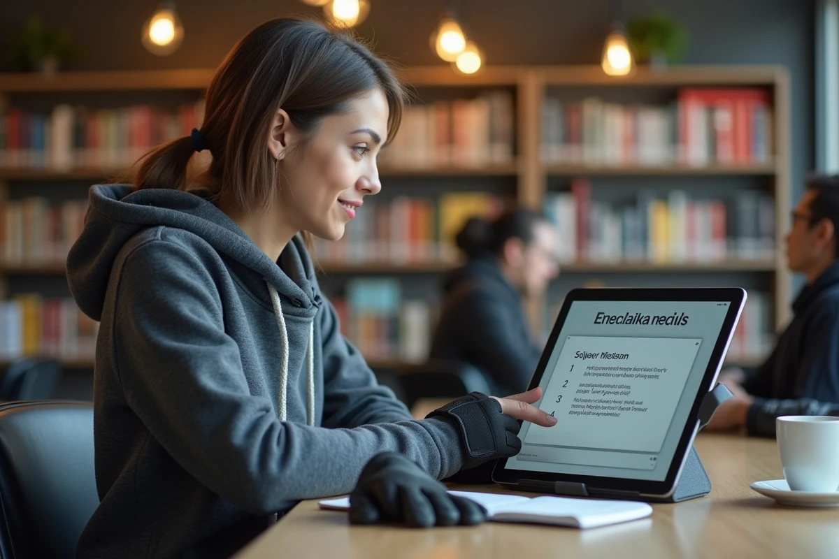 Femme préparant l'examen ETM 2026 moto sur une tablette dans une bibliothèque moderne