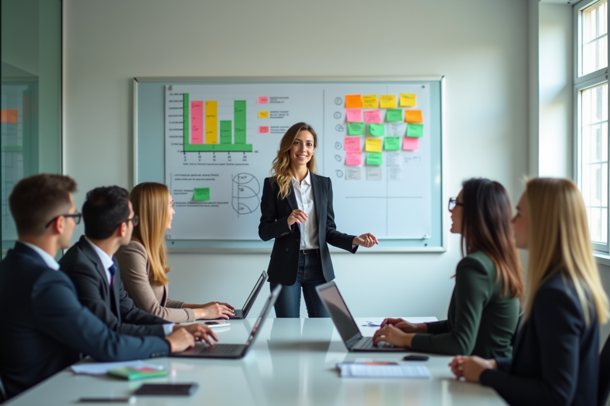 Femme confiante présentant des stratégies en réunion