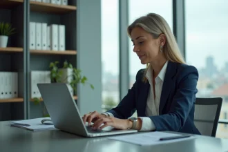 Femme d'affaires en bureau moderne avec ordinateur portable