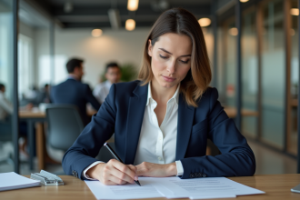 Femme en costume navy remplissant documents CPF CFP