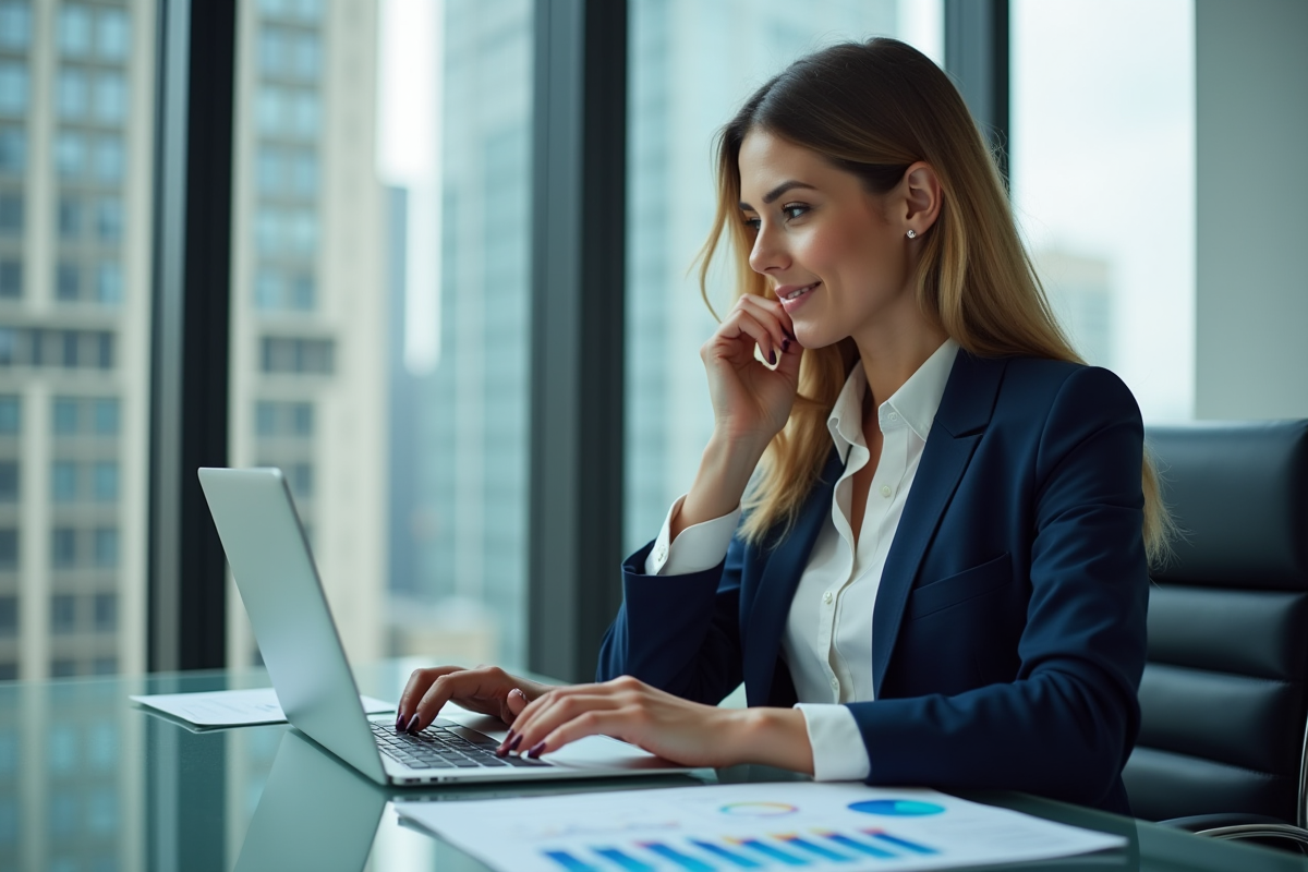 Femme confiante en blazer bleu analysant des graphiques financiers
