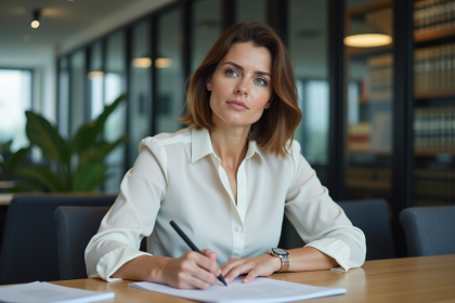 Femme professionnelle en r&eacute;union prenant des notes lors d'une conf&eacute;rence