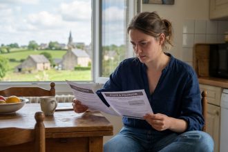 Jeune femme réfléchissant à des offres d'emploi à Fougères