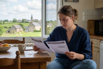 Jeune femme réfléchissant à des offres d'emploi à Fougères