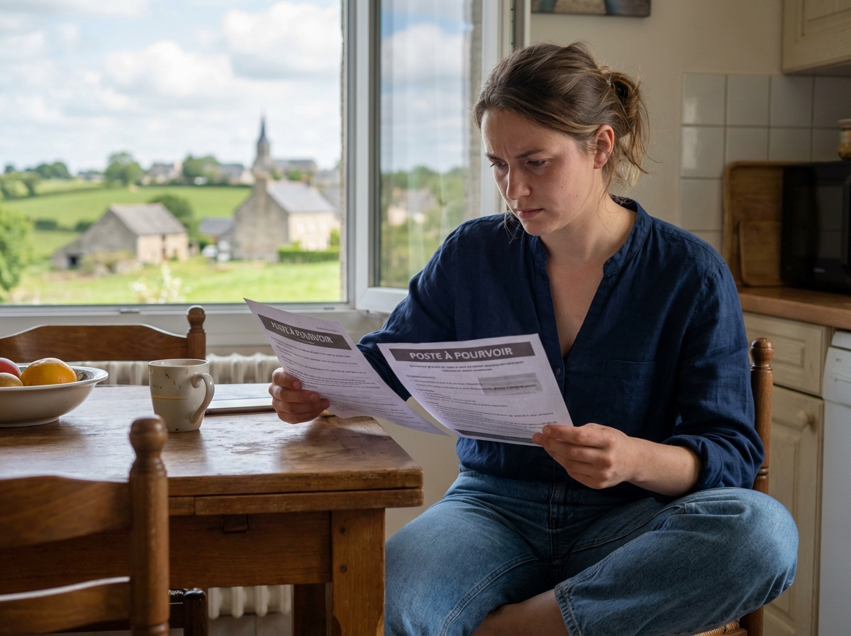 Jeune femme réfléchissant à des offres d'emploi à Fougères