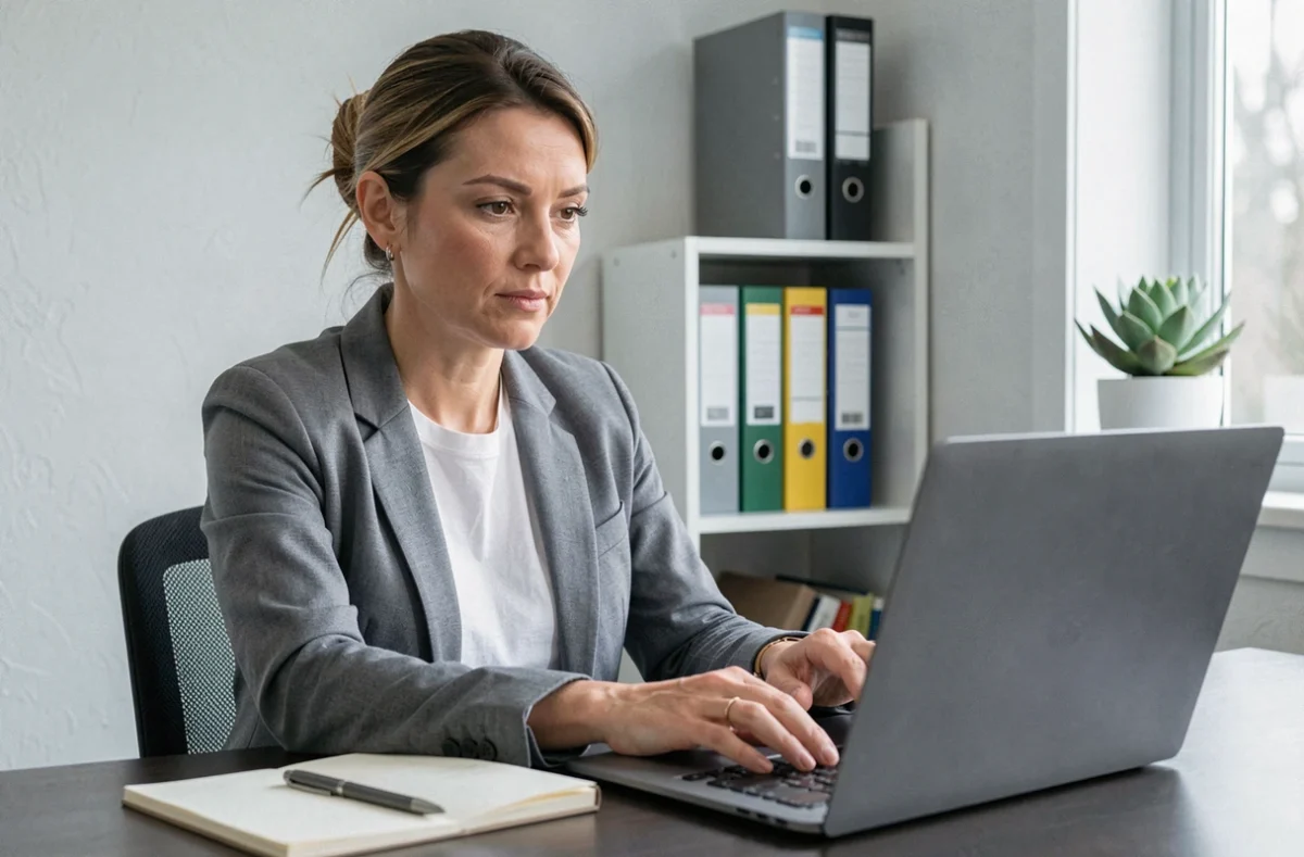 Femme recherchant des formations éligibles CPF sur son ordinateur portable depuis son bureau à domicile, symbolisant l'accès aux financements pour les formations brico en 2026
