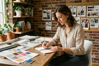 Femme en reconversion professionnelle étudiant la décoration intérieure à son bureau avec des échantillons de couleurs et des livres de design