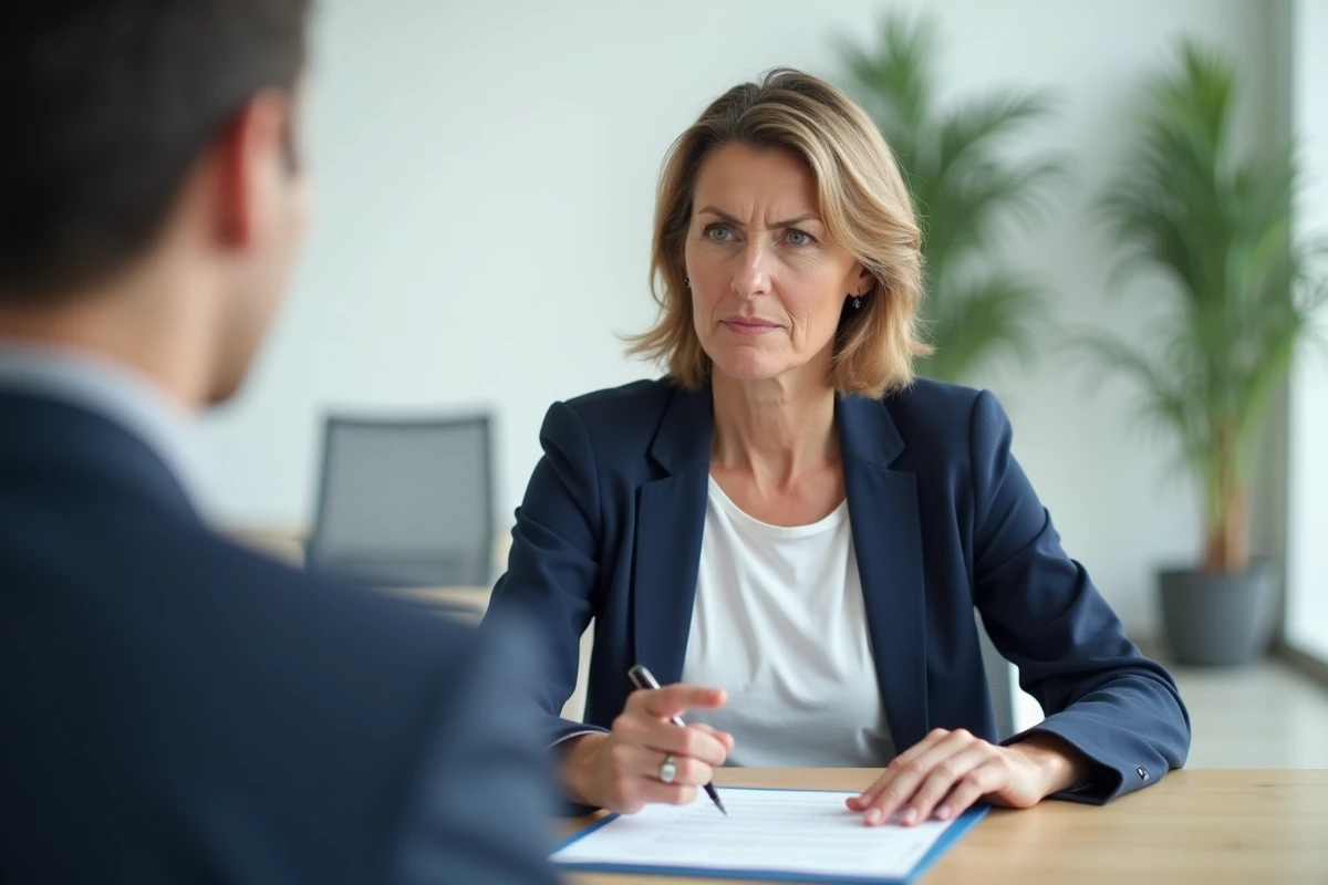 Femme interrogeant un recruteur sur les conditions d'un contrat de travail dans une agence d'emploi, mettant en lumière la vigilance face aux arnaques pour des métiers sans diplôme