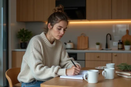 Femme pensante dans une cuisine moderne avec un carnet