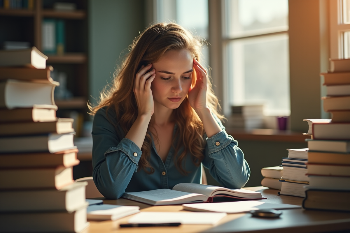 Jeune femme stressée assise à un bureau entourée de livres