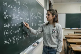 Jeune femme devant un tableau noir avec des formules trigonométriques sin a cos b écrites à la craie dans une salle de cours universitaire