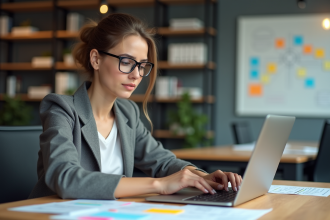 Jeune femme en bureau travaillant sur un ordinateur