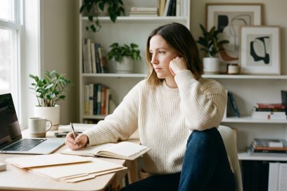 Femme réfléchie dans un bureau cosy en train d'écrire