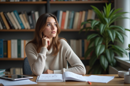 Jeune femme concentrée dans son bureau à domicile