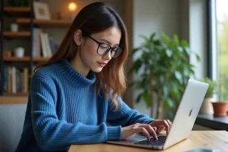Jeune femme concentrée sur son ordinateur à la maison