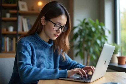 Jeune femme concentr&eacute;e sur son ordinateur &agrave; la maison