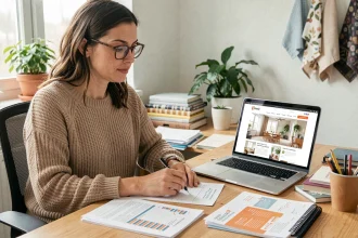 Femme consultant des documents de financement pour une formation de décorateur d'intérieur à domicile