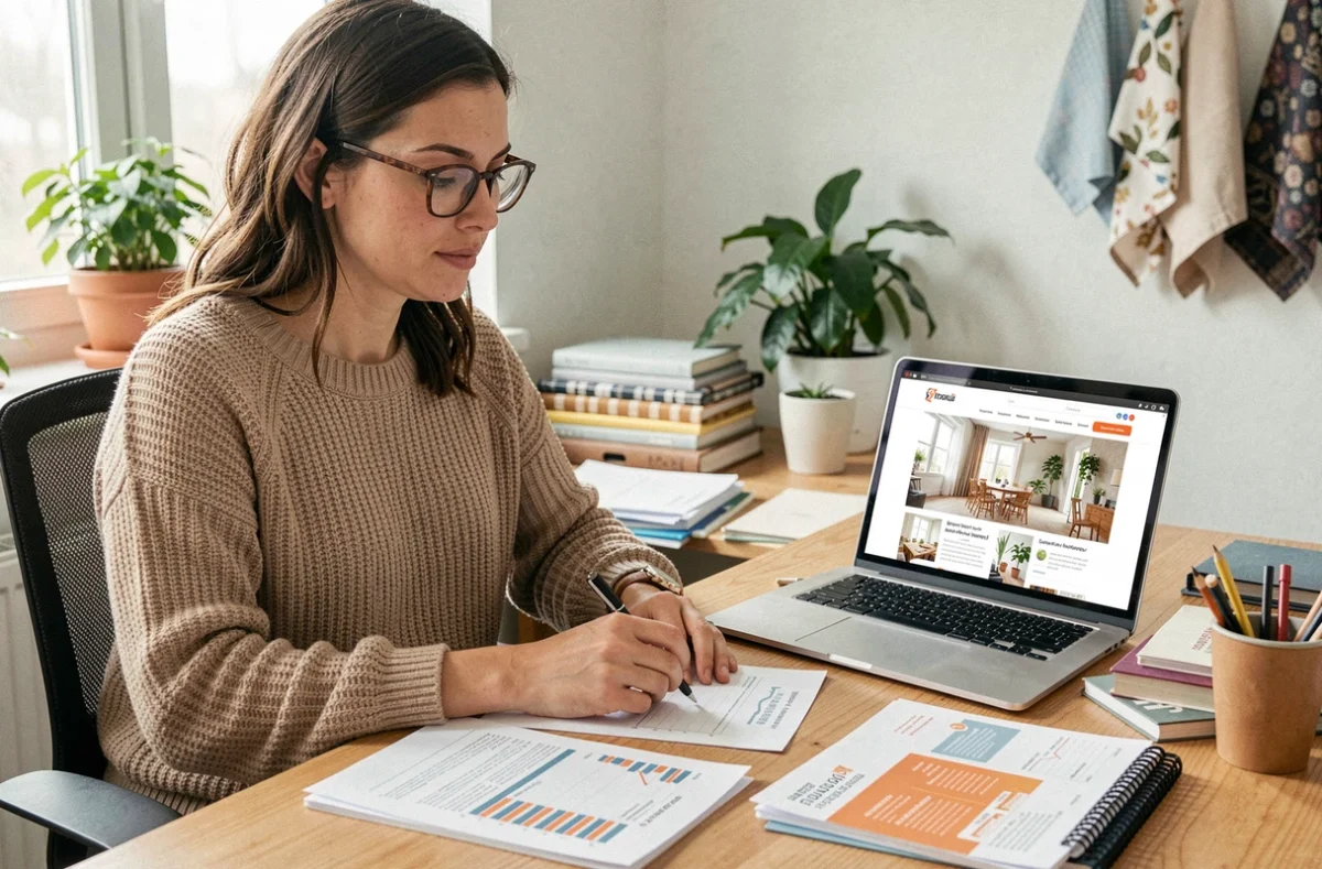 Femme consultant des documents de financement pour une formation de décorateur d'intérieur à domicile