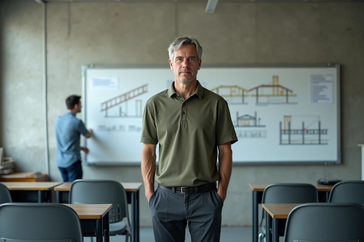 Formateur en bâtiment présentant les coûts de formation travaux au tableau dans une salle de cours professionnelle