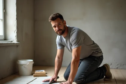 Homme adulte posant des carrelages dans une salle de bain en rénovation lors d'une formation bricolage CPF