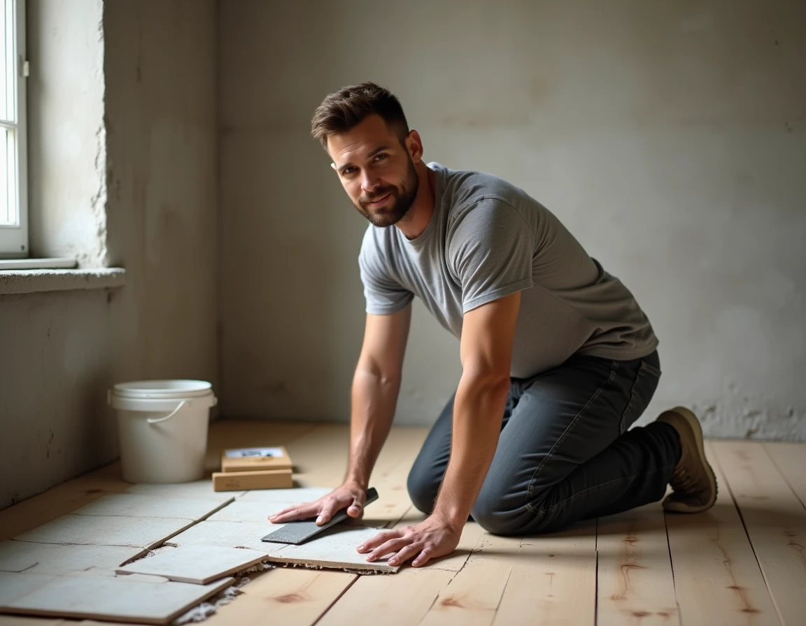 Homme adulte posant des carrelages dans une salle de bain en rénovation lors d'une formation bricolage CPF