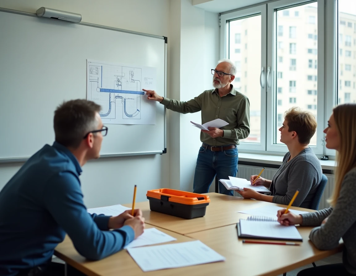 Groupe de stagiaires adultes assistant à un cours théorique de bricolage en formation CPF dans un centre de formation