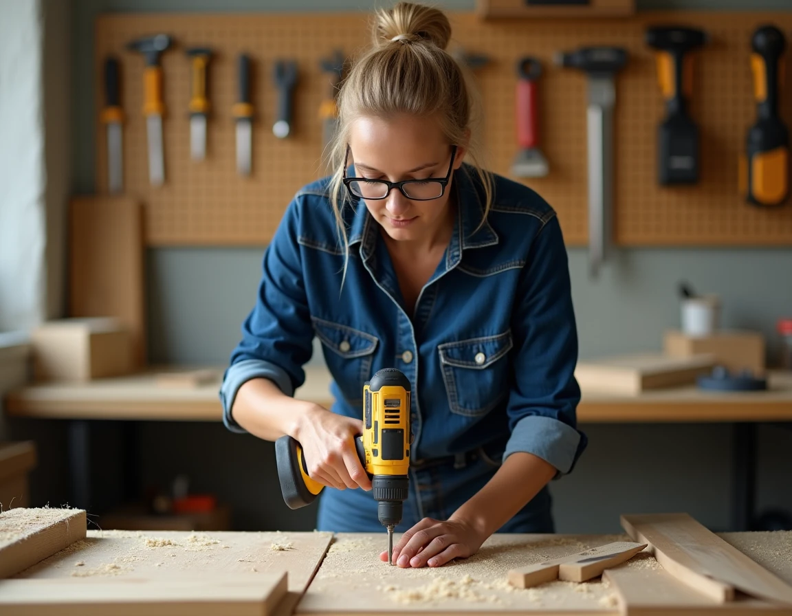 Femme utilisant une perceuse sans fil dans un atelier de formation bricolage éligible au CPF