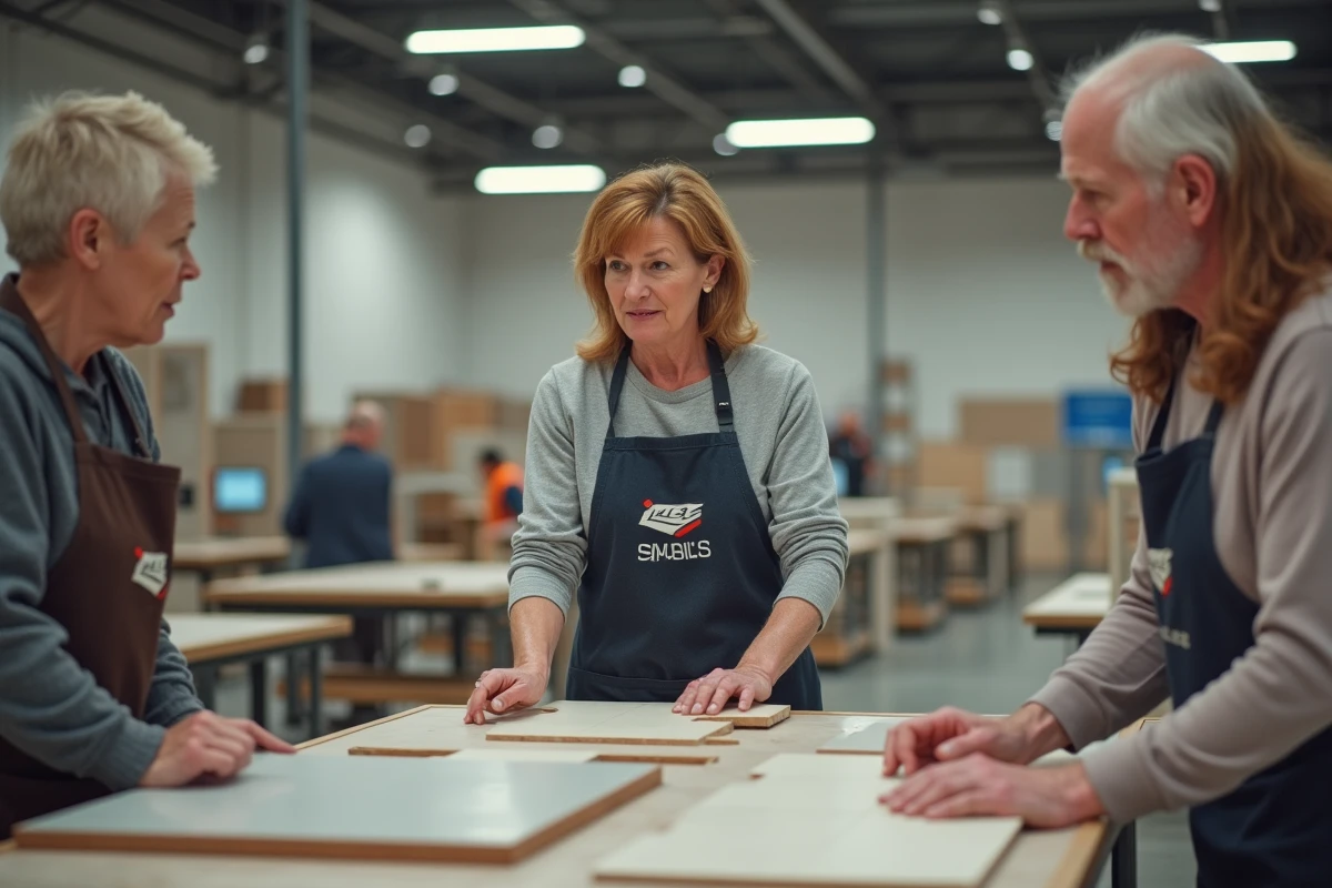 Une formatrice en magasin de bricolage montrant une technique de coupe de carrelage à un groupe d'adultes dans un rayon dédié